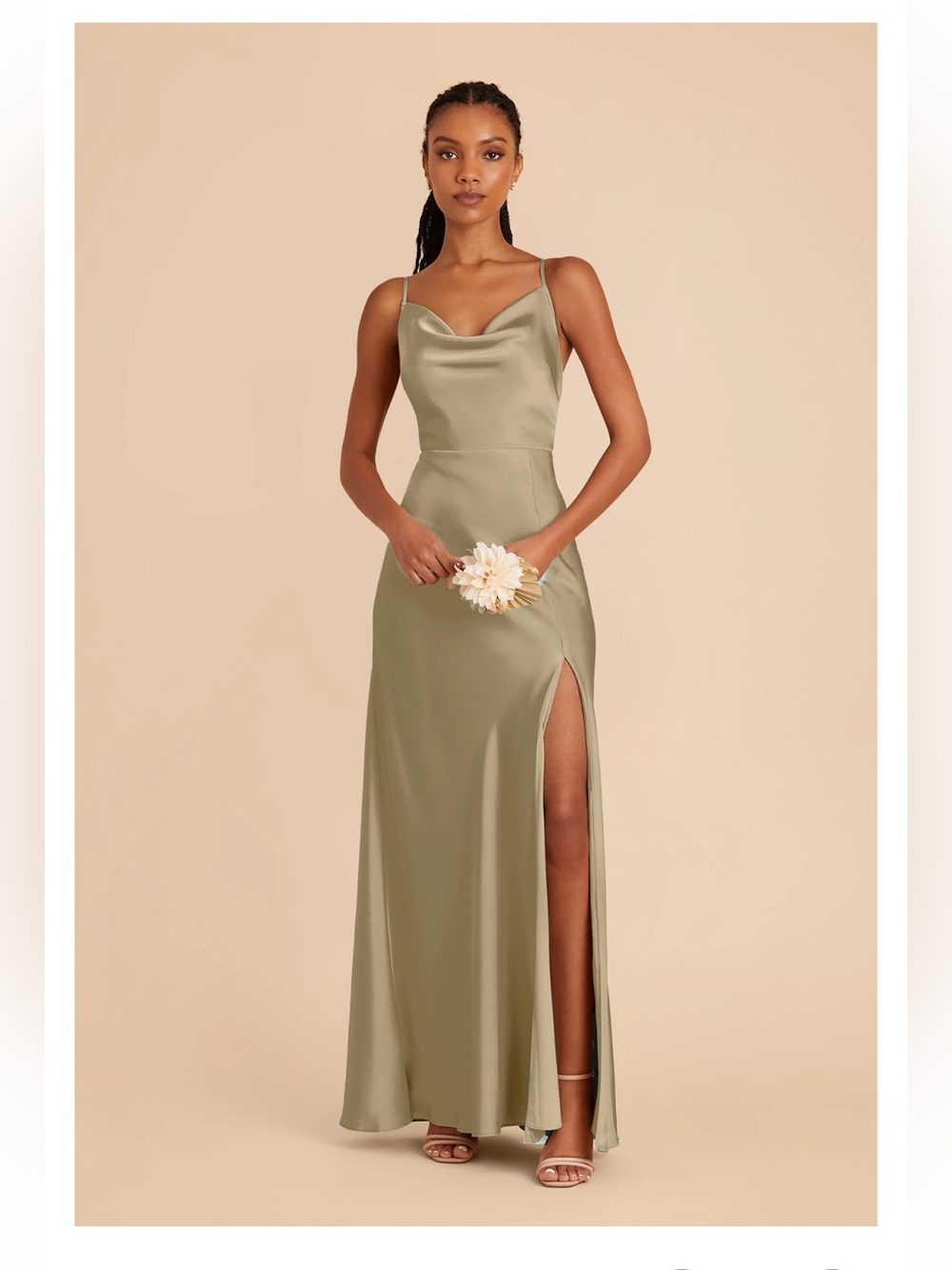 NWT Birdy Grey Moss Green Satin Cowl Neck Maxi Dress with Side Slit